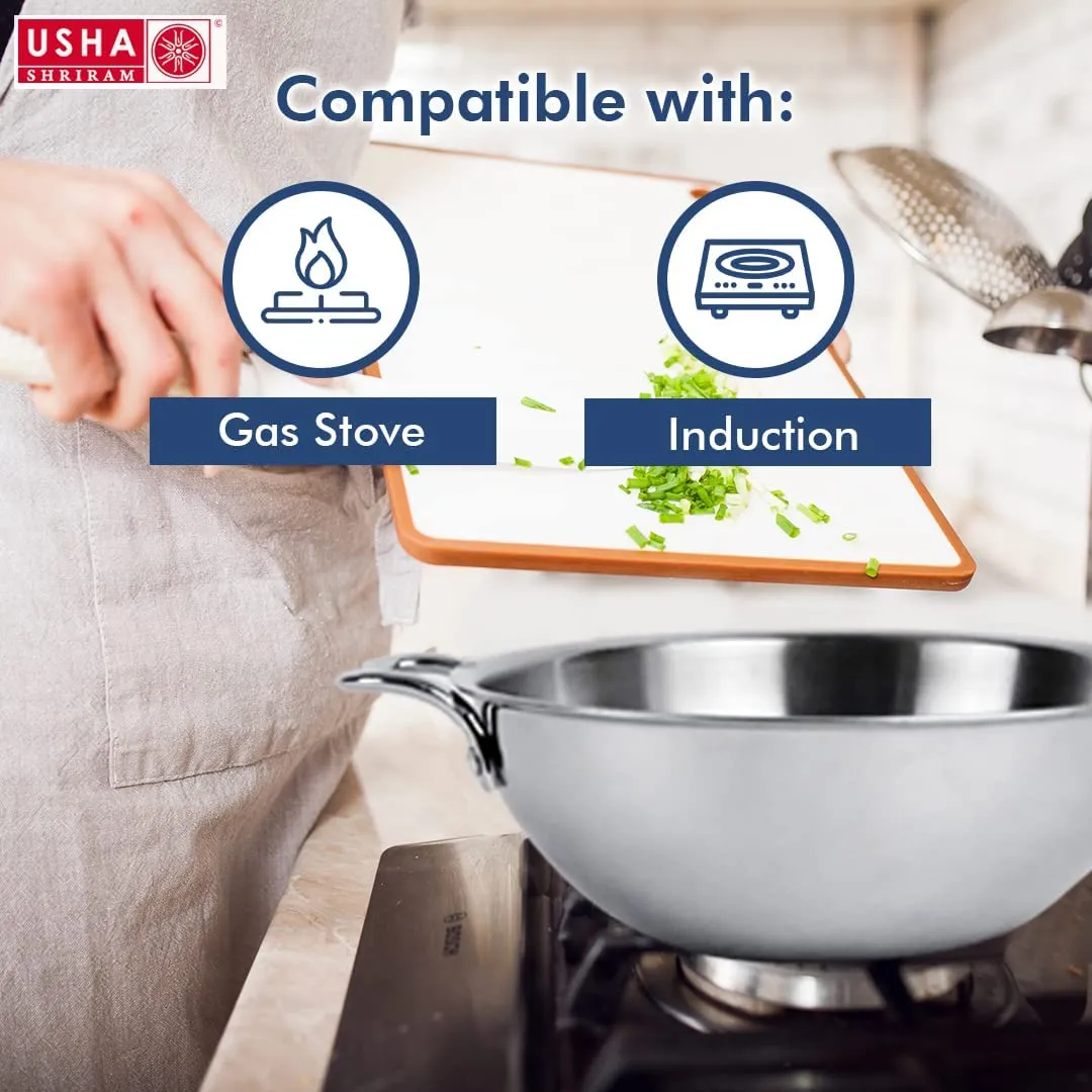 USHA SHRIRAM Triply Stainless Steel Kadai with Lid (2.6L) & Non Stick Kadai with Lid (2.8L) | Stove & Induction Cookware | Heat Surround Cooking | Heavy Bottom Kadai | Deep Frying Kadhai