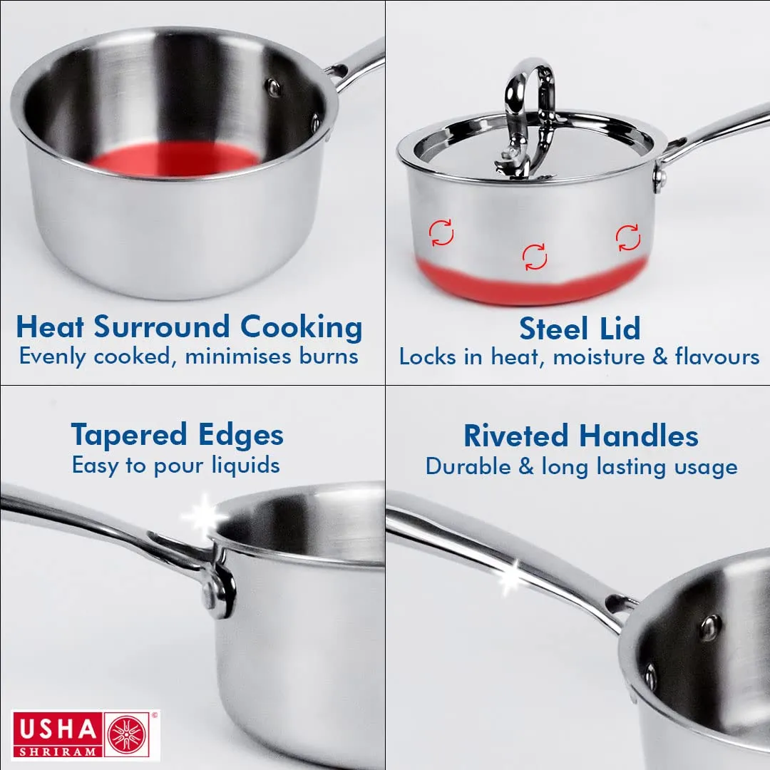 USHA SHRIRAM Triply Stainless Steel Sauce Pan with Lid | Stove & Induction Cookware | Heat Surround Cooking | Easy Grip Handles | Steel Tea & Milk Pan with Handle | Soup Pan (2Pcs - 1.5L, 1.4L)