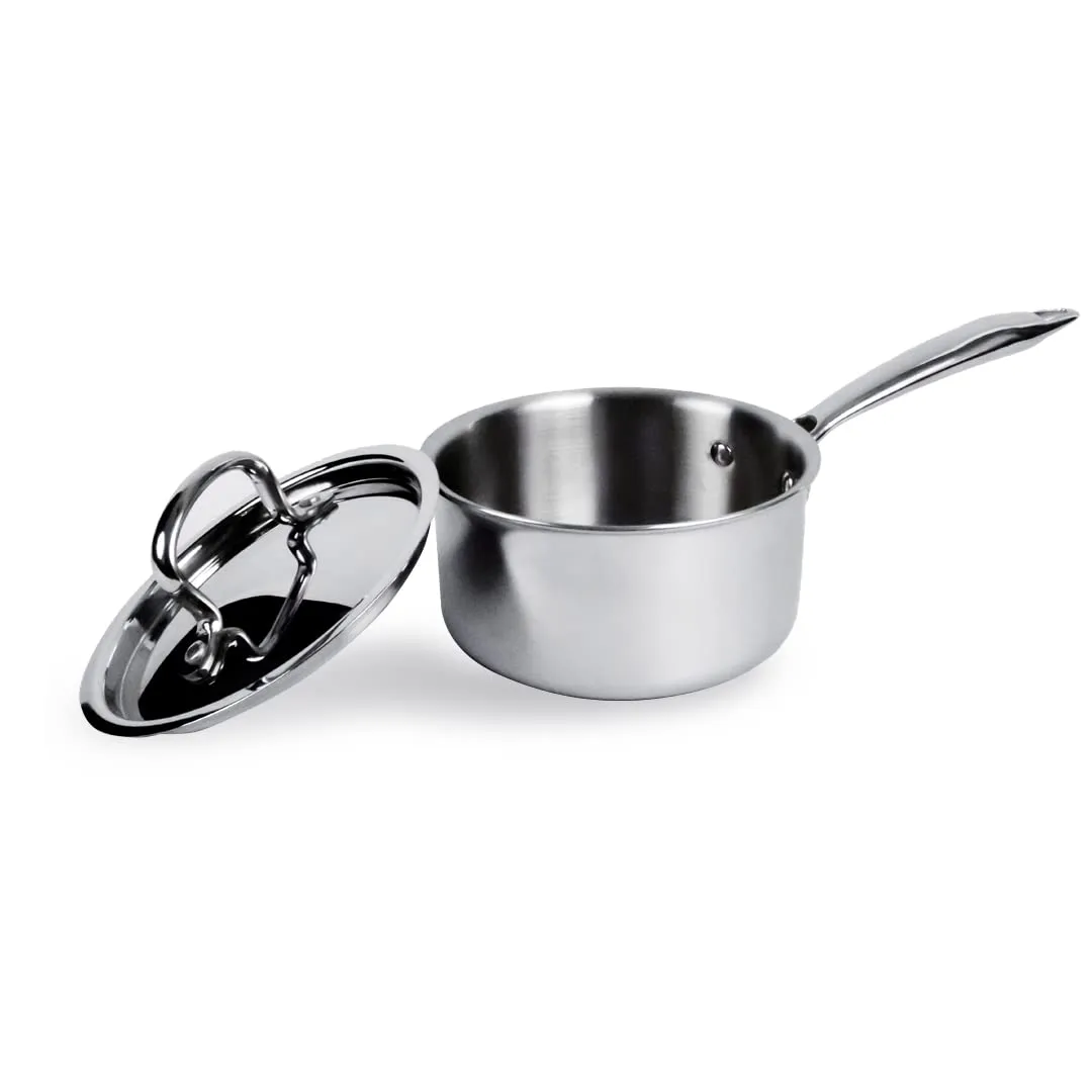 USHA SHRIRAM Triply Stainless Steel Sauce Pan with Lid | Stove & Induction Cookware | Heat Surround Cooking | Easy Grip Handles | Steel Tea & Milk Pan with Handle | Soup Pan (2Pcs - 1.5L, 1.4L)