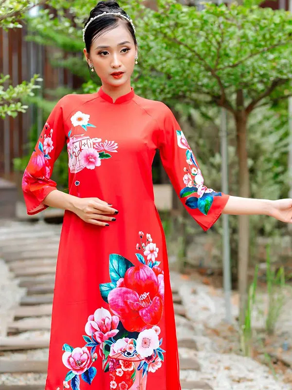 Vietnamese Ao Dai Dress Red Printed Scenery Includes One Ao Dai Top And Pants
