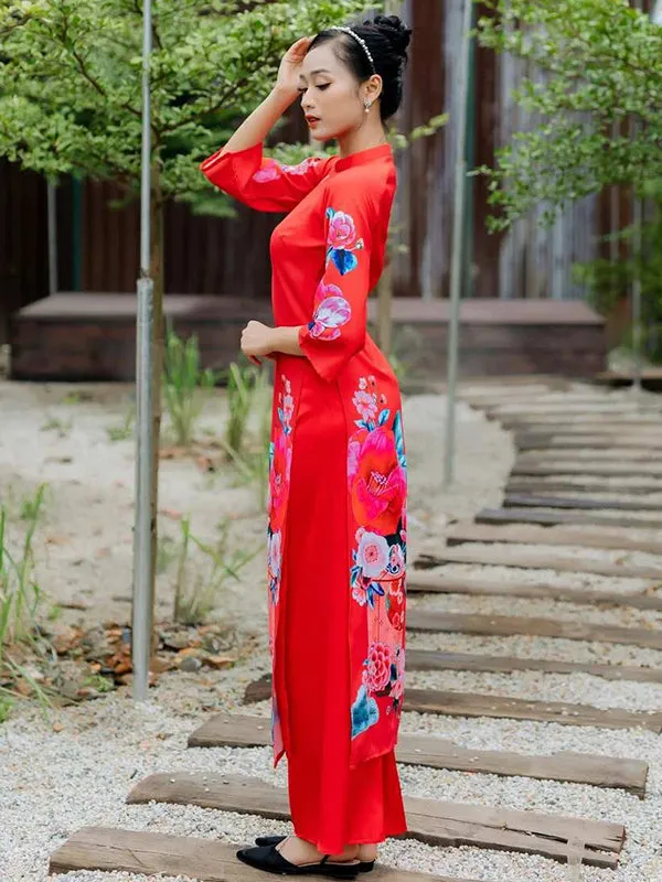 Vietnamese Ao Dai Dress Red Printed Scenery Includes One Ao Dai Top And Pants