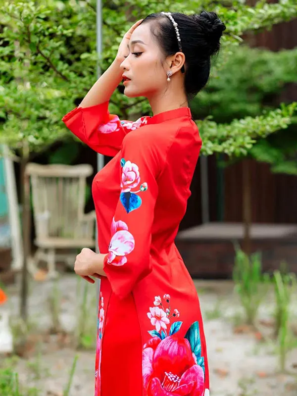 Vietnamese Ao Dai Dress Red Printed Scenery Includes One Ao Dai Top And Pants