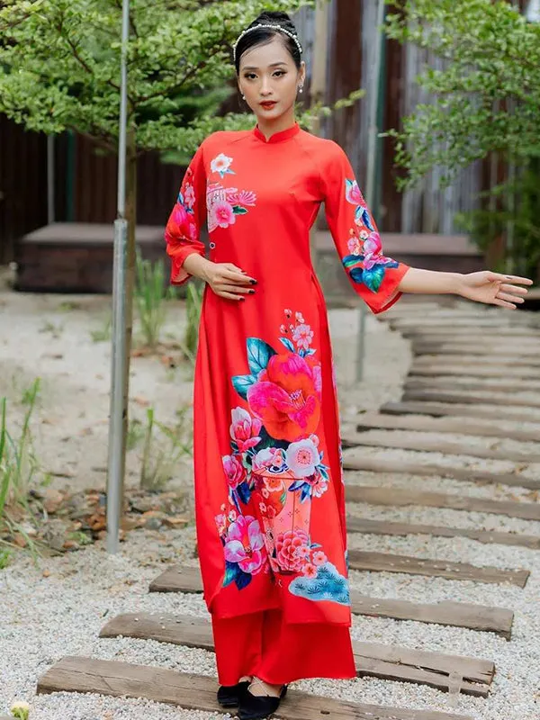 Vietnamese Ao Dai Dress Red Printed Scenery Includes One Ao Dai Top And Pants