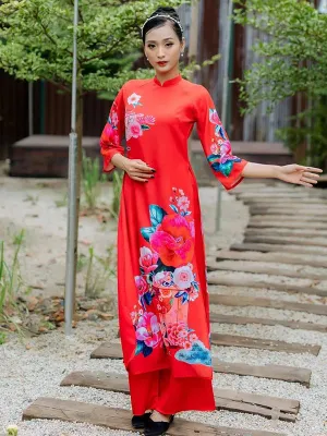 Vietnamese Ao Dai Dress Red Printed Scenery Includes One Ao Dai Top And Pants
