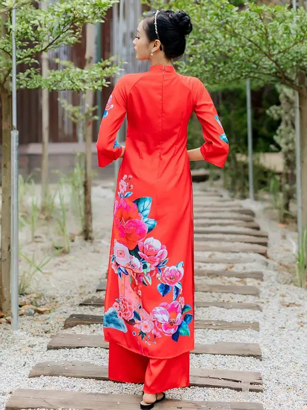 Vietnamese Ao Dai Dress Red Printed Scenery Includes One Ao Dai Top And Pants