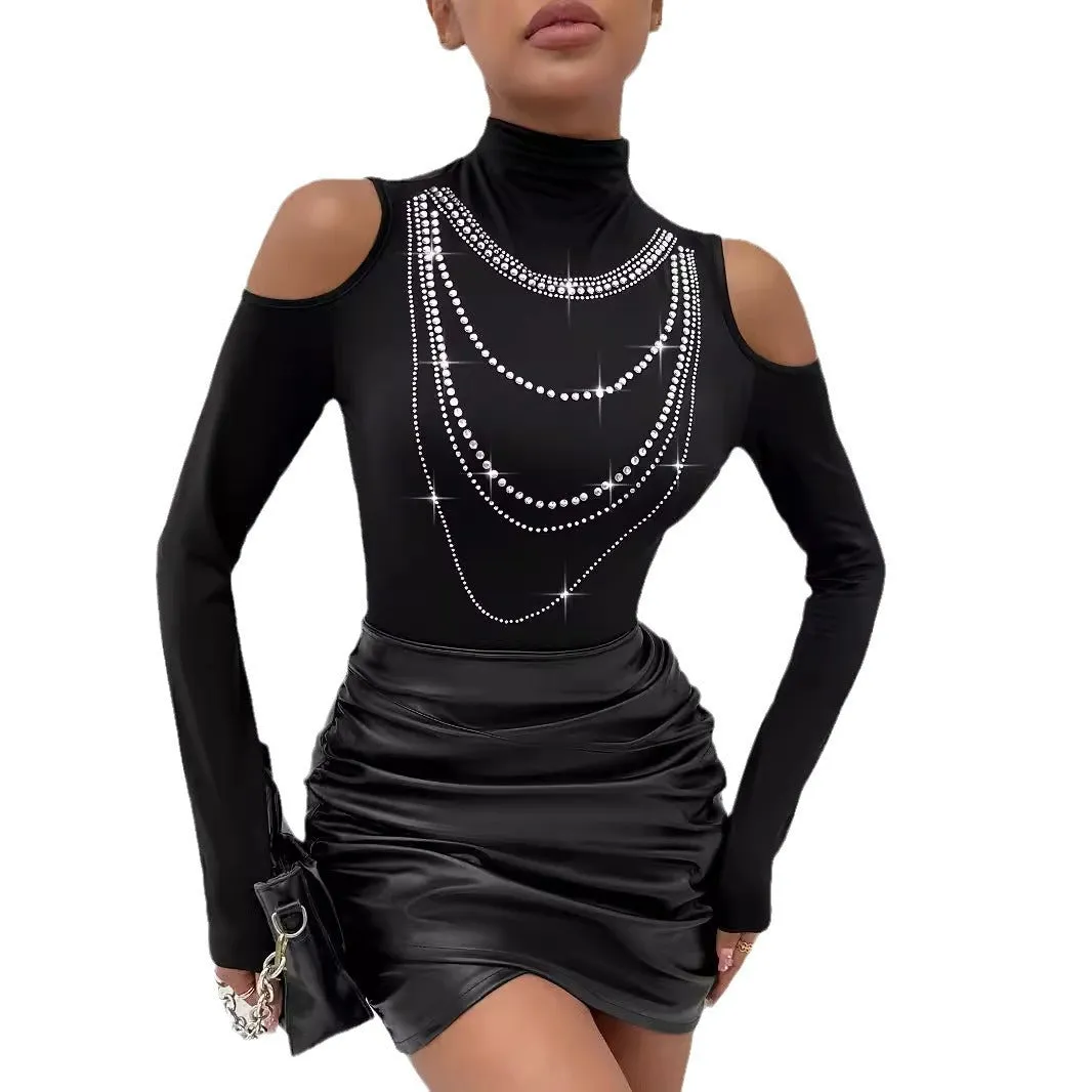 Wenkouban 1980s fashion trends 2024 winter outfits  Black Friday Turtleneck Heavy Work Rhinestone off-the-Shoulder Inner T-shirt Top for Women