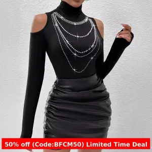 Wenkouban 1980s fashion trends 2024 winter outfits  Black Friday Turtleneck Heavy Work Rhinestone off-the-Shoulder Inner T-shirt Top for Women