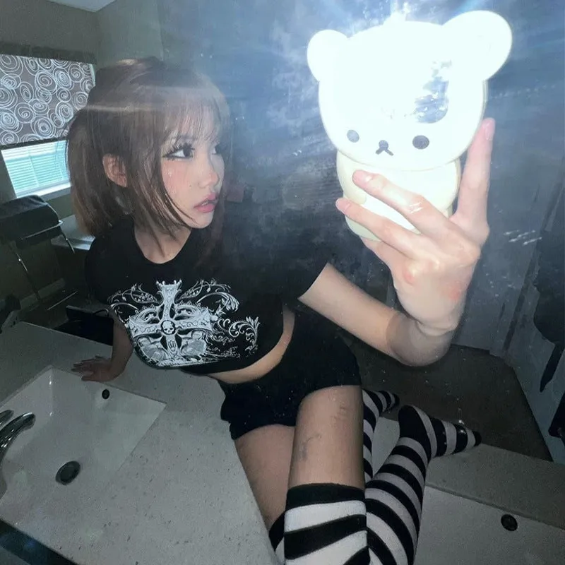 Wenkouban 1980s fashion trends Black Friday Women's Gothic Printed Clothing Y2K Women's Top Short Sleeve Slim-Fit Navel Dark Style