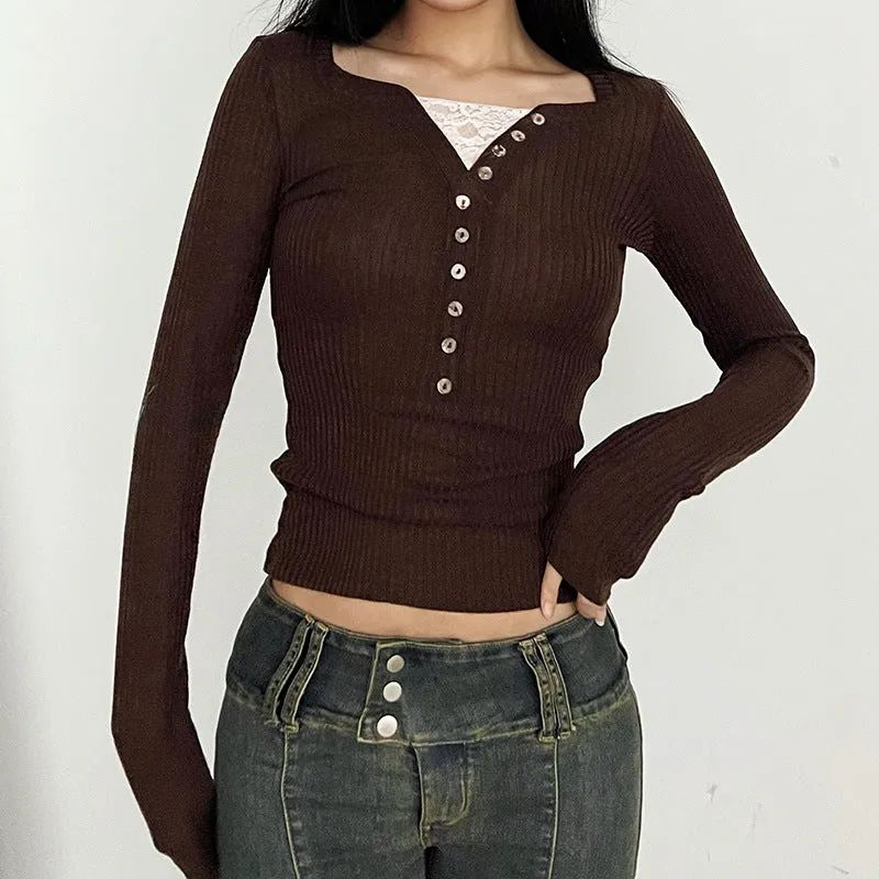 Wenkouban 2000s fashion Soft Knitted Stretch Slim-Fit Slimming Top Retro Brown Button Lace Stitching Long-Sleeved T-shirt for Women