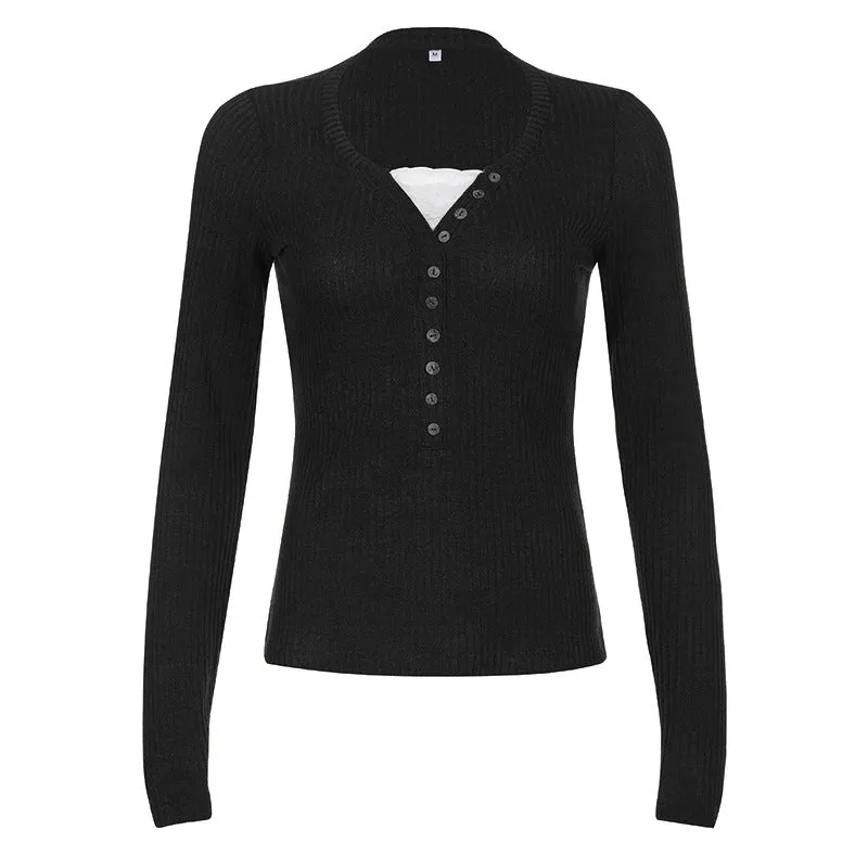 Wenkouban 2000s fashion Soft Knitted Stretch Slim-Fit Slimming Top Retro Brown Button Lace Stitching Long-Sleeved T-shirt for Women