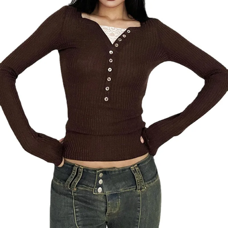 Wenkouban 2000s fashion Soft Knitted Stretch Slim-Fit Slimming Top Retro Brown Button Lace Stitching Long-Sleeved T-shirt for Women