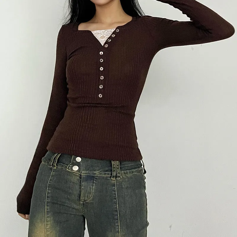 Wenkouban 2000s fashion Soft Knitted Stretch Slim-Fit Slimming Top Retro Brown Button Lace Stitching Long-Sleeved T-shirt for Women