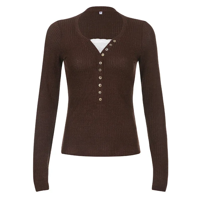 Wenkouban 2000s fashion Soft Knitted Stretch Slim-Fit Slimming Top Retro Brown Button Lace Stitching Long-Sleeved T-shirt for Women