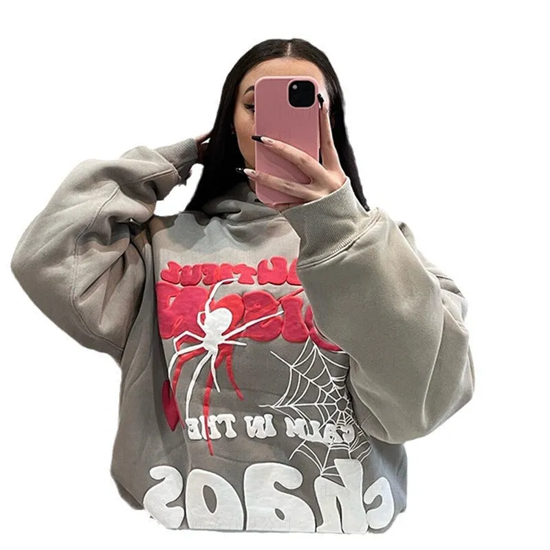 Wenkouban 90s streetwear Wind Spider Web Letter Print Sweater Women's New Street Hip Hop Hooded Pullover Halloween