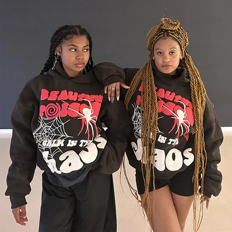 Wenkouban 90s streetwear Wind Spider Web Letter Print Sweater Women's New Street Hip Hop Hooded Pullover Halloween