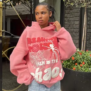 Wenkouban 90s streetwear Wind Spider Web Letter Print Sweater Women's New Street Hip Hop Hooded Pullover Halloween