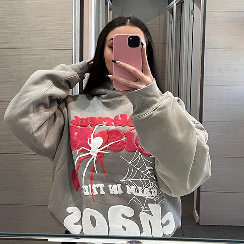 Wenkouban 90s streetwear Wind Spider Web Letter Print Sweater Women's New Street Hip Hop Hooded Pullover Halloween