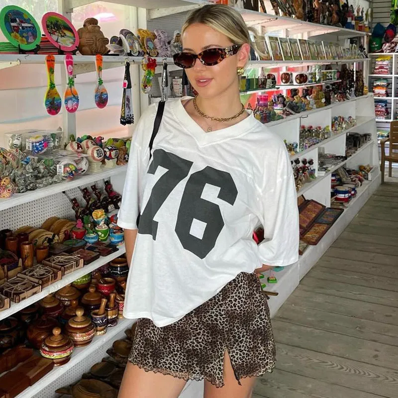 Wenkouban American Street Style Digital Print Oversize Short-Sleeved T-shirt Women's V-neck Loose Slimming Casual Top