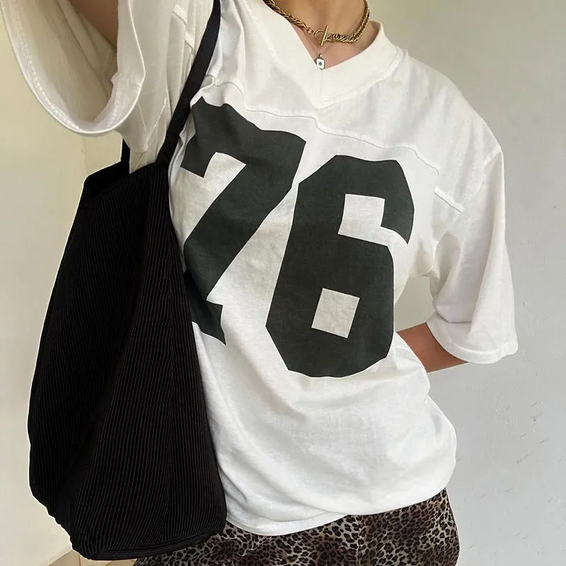 Wenkouban American Street Style Digital Print Oversize Short-Sleeved T-shirt Women's V-neck Loose Slimming Casual Top