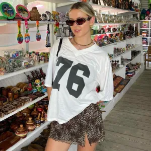Wenkouban American Street Style Digital Print Oversize Short-Sleeved T-shirt Women's V-neck Loose Slimming Casual Top