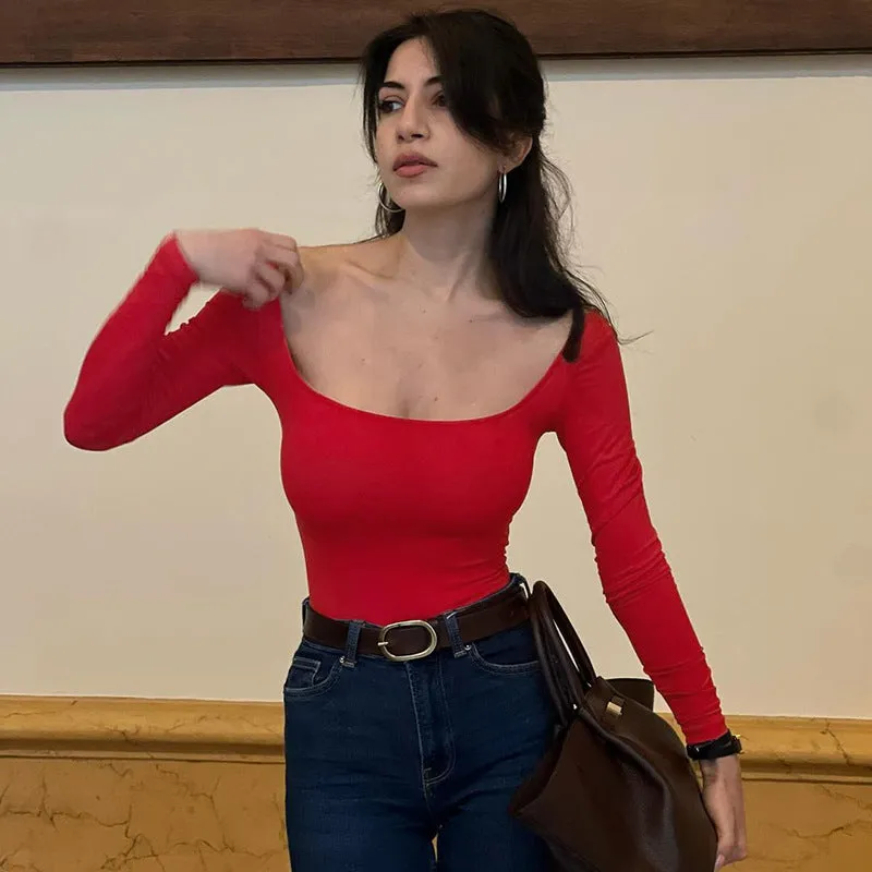 Wenkouban curvy casual outfits Women's Clothing 2024 Autumn New Solid Color Square Collar Long Sleeve Tight Undershirt Top