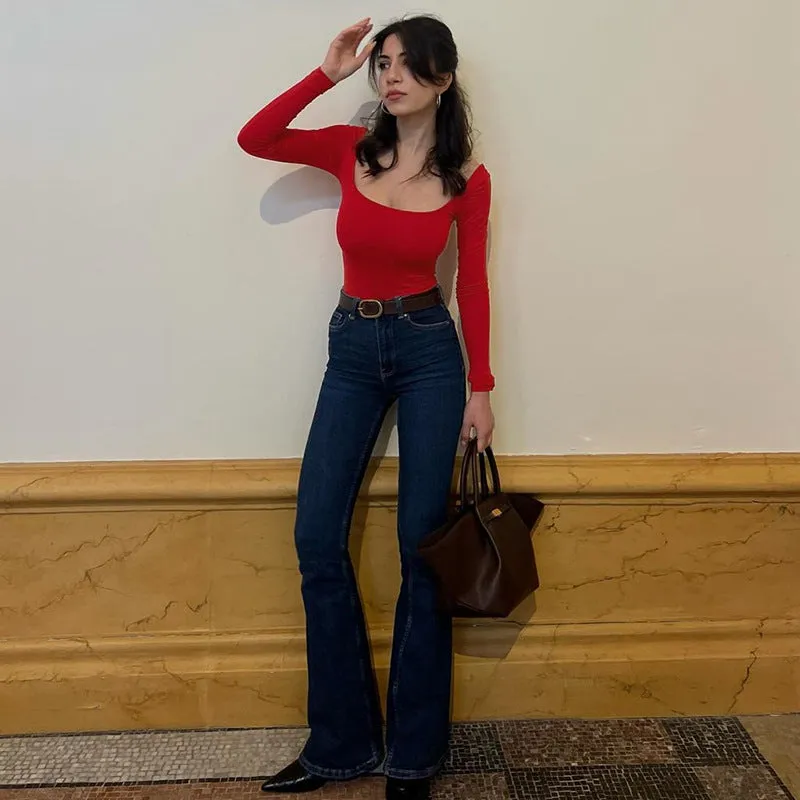 Wenkouban curvy casual outfits Women's Clothing 2024 Autumn New Solid Color Square Collar Long Sleeve Tight Undershirt Top