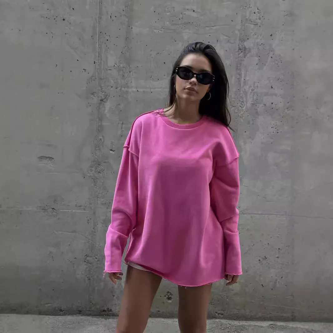 Wenkouban cute outfits fall Casual Women's Solid Color round Neck Long Sleeve Top Loose Hem Frayed Decorative Sweater