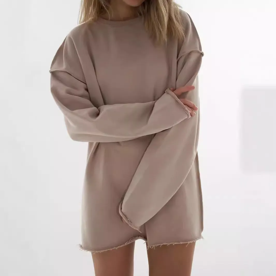 Wenkouban cute outfits fall Casual Women's Solid Color round Neck Long Sleeve Top Loose Hem Frayed Decorative Sweater