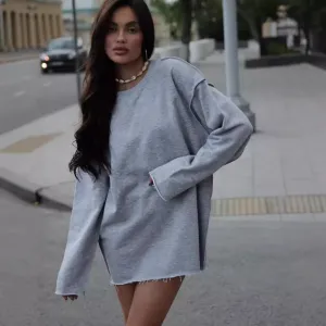 Wenkouban cute outfits fall Casual Women's Solid Color round Neck Long Sleeve Top Loose Hem Frayed Decorative Sweater