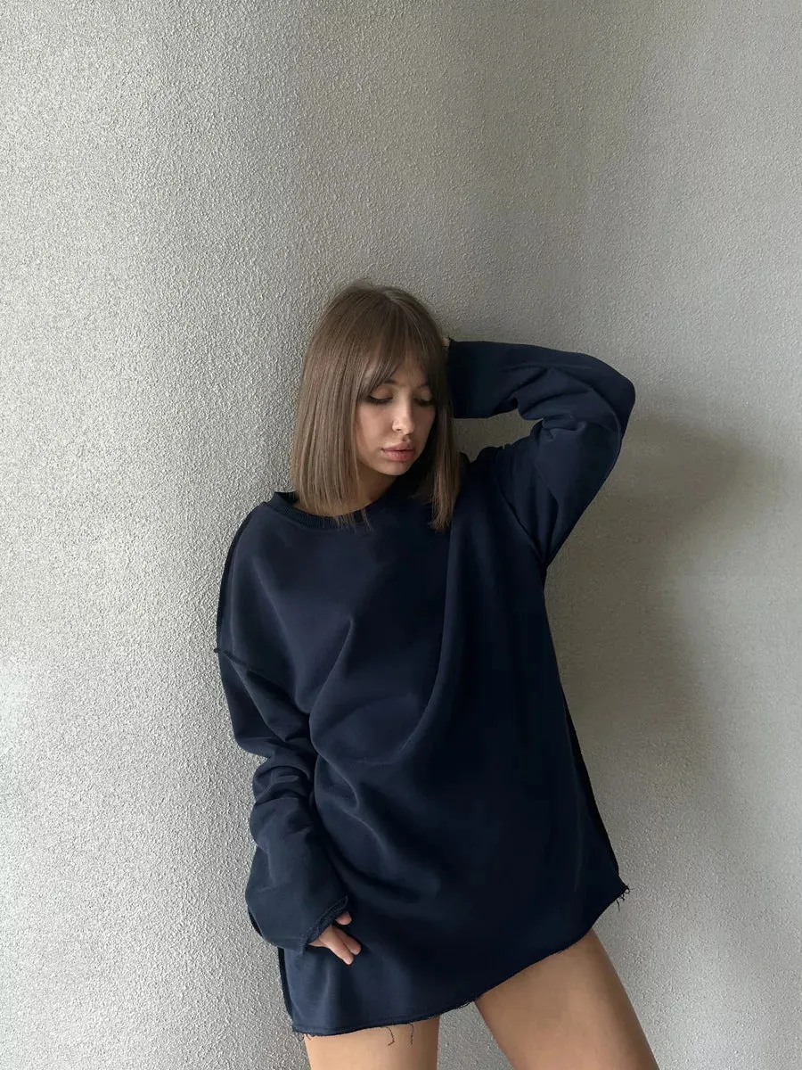Wenkouban cute outfits fall Casual Women's Solid Color round Neck Long Sleeve Top Loose Hem Frayed Decorative Sweater