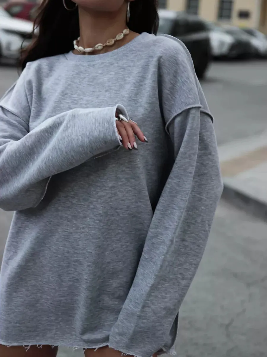 Wenkouban cute outfits fall Casual Women's Solid Color round Neck Long Sleeve Top Loose Hem Frayed Decorative Sweater