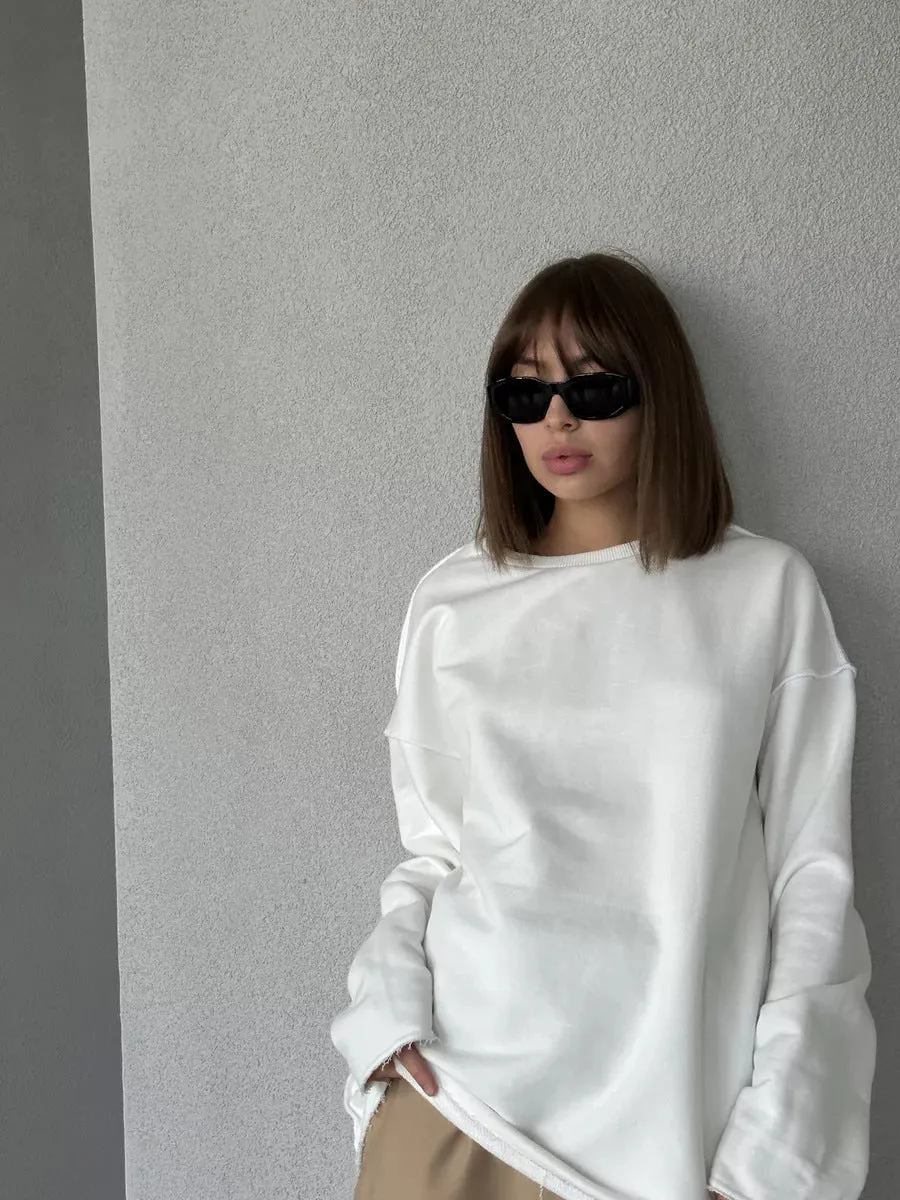 Wenkouban cute outfits fall Casual Women's Solid Color round Neck Long Sleeve Top Loose Hem Frayed Decorative Sweater