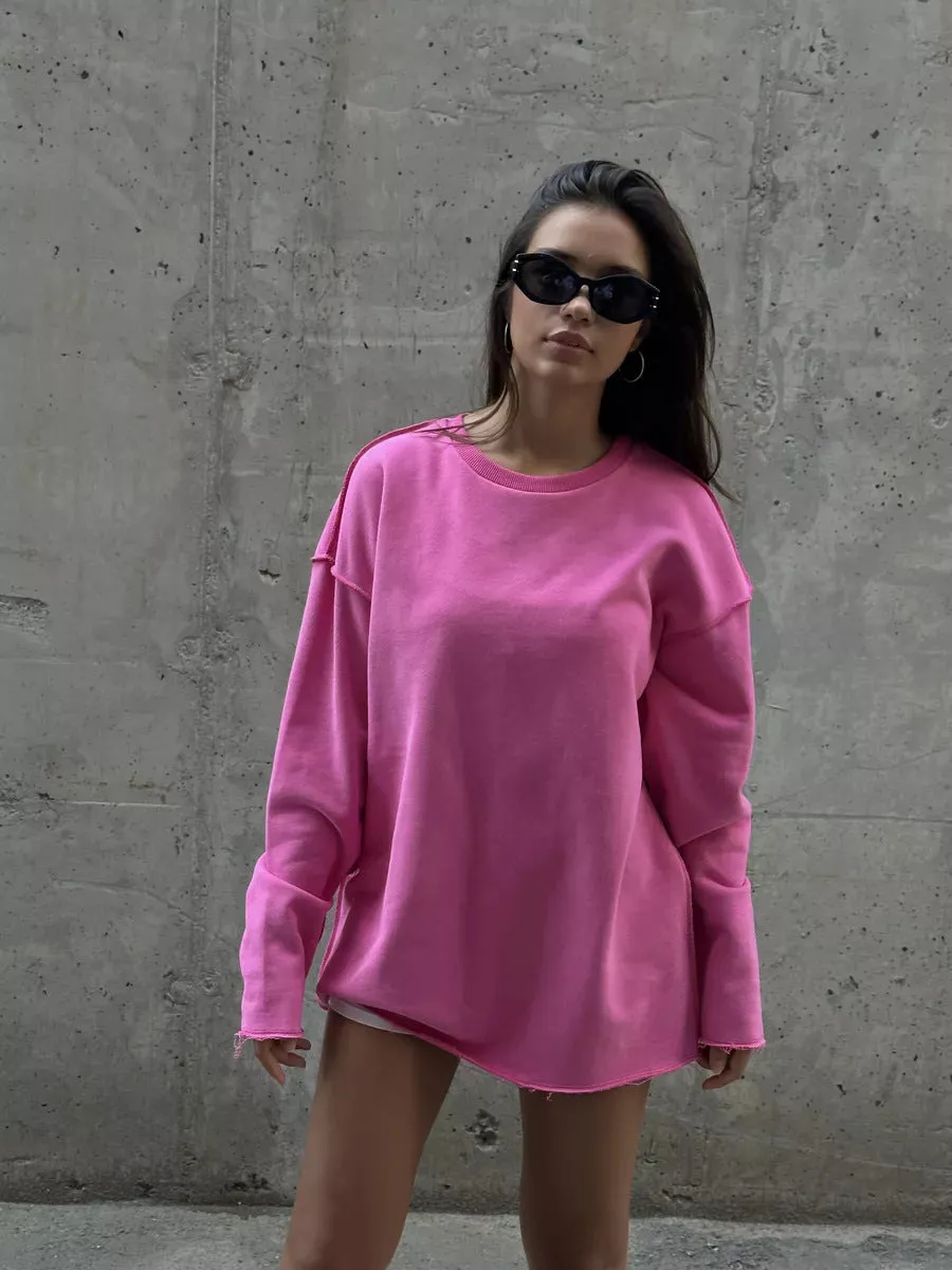 Wenkouban cute outfits fall Casual Women's Solid Color round Neck Long Sleeve Top Loose Hem Frayed Decorative Sweater