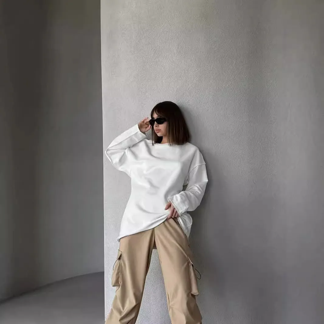 Wenkouban cute outfits fall Casual Women's Solid Color round Neck Long Sleeve Top Loose Hem Frayed Decorative Sweater