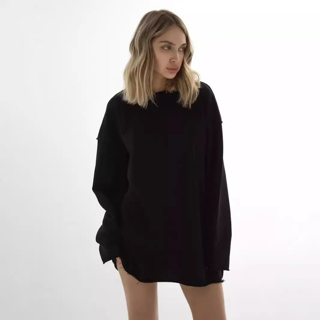 Wenkouban cute outfits fall Casual Women's Solid Color round Neck Long Sleeve Top Loose Hem Frayed Decorative Sweater