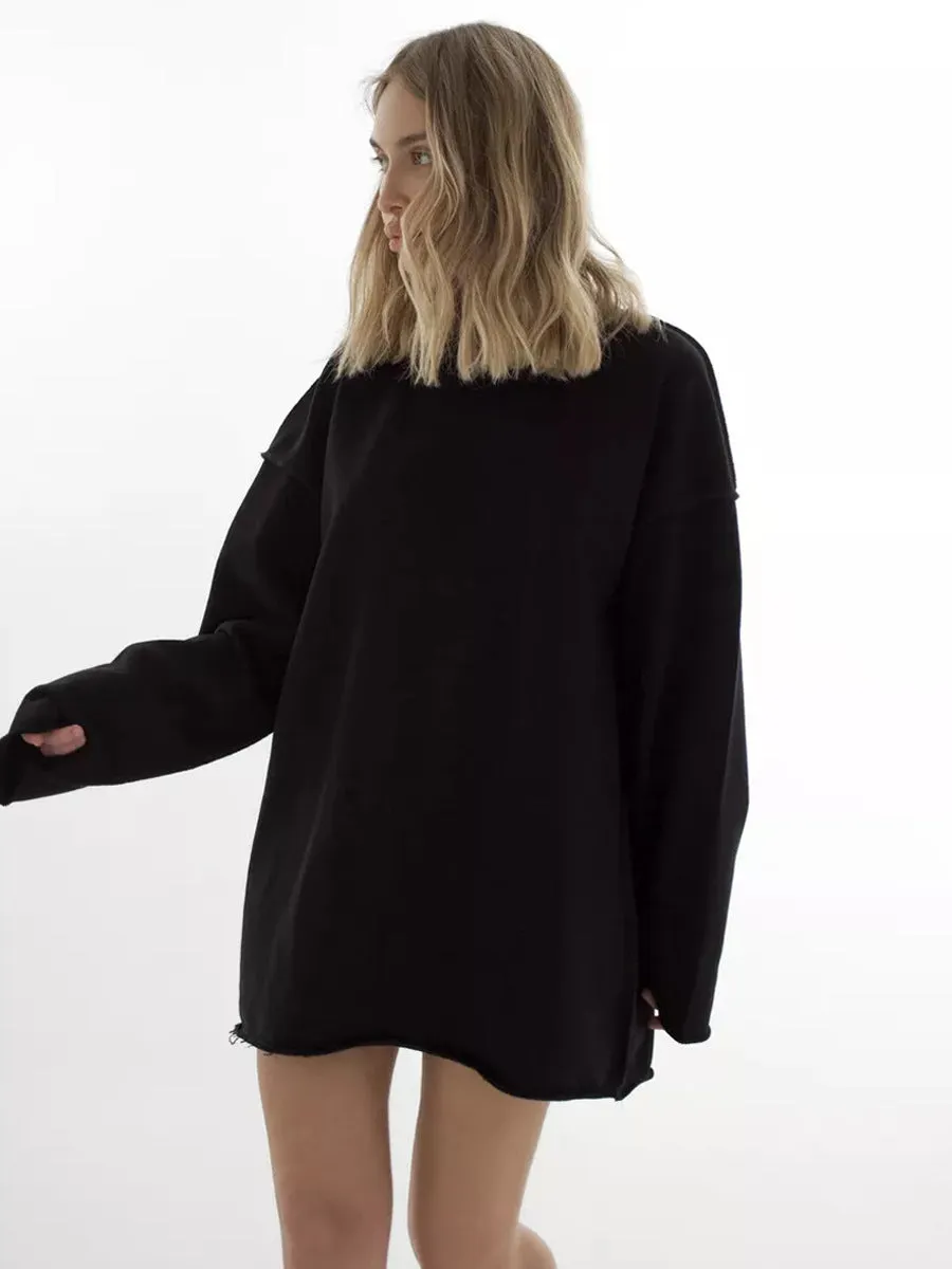Wenkouban cute outfits fall Casual Women's Solid Color round Neck Long Sleeve Top Loose Hem Frayed Decorative Sweater