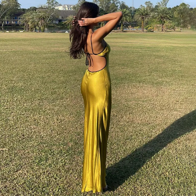 Wenkouban gold dress Women's 2024 Solid Color Sexy Strap Lace Backless Dress Slim Fit Dress Women