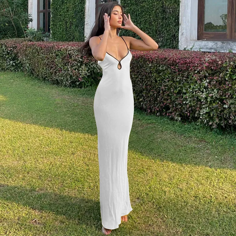 Wenkouban gold dress Women's 2024 Solid Color Sexy Strap Lace Backless Dress Slim Fit Dress Women