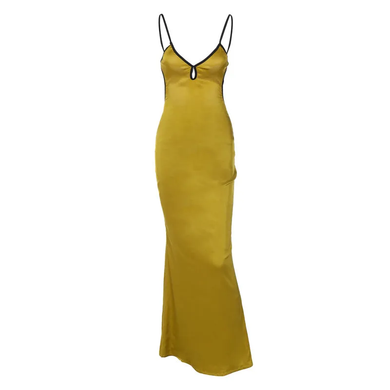 Wenkouban gold dress Women's 2024 Solid Color Sexy Strap Lace Backless Dress Slim Fit Dress Women
