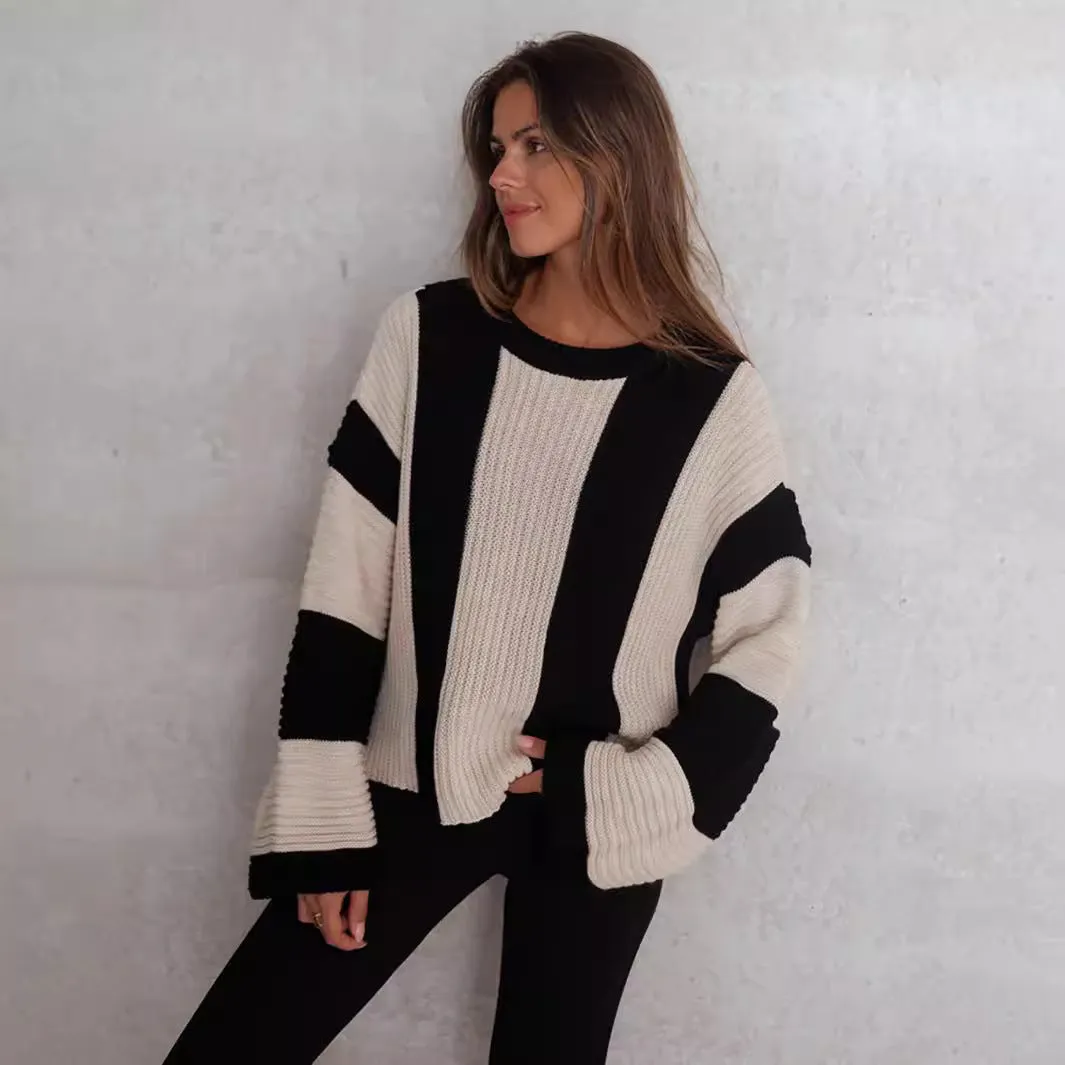 Wenkouban guys in skirts Autumn and Winter Sweater Ins Style Loose plus Size Vertical Stripes Contrast Color round Neck Long Sleeve Sweater Pullover