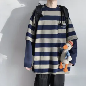 Wenkouban tomboy outfit Striped Long Sleeve Women's Ins Trendy Spring and Autumn Thin Loose Korean Style Bottoming Shirt Fake Two-Piece Lazy Style All-Match Top Clothes