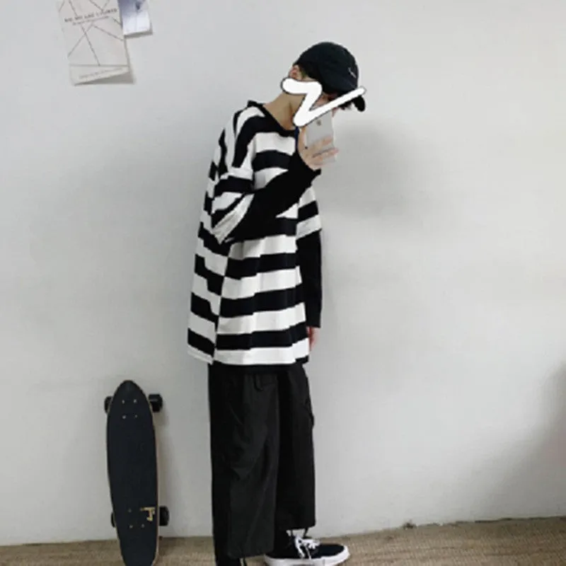 Wenkouban tomboy outfit Striped Long Sleeve Women's Ins Trendy Spring and Autumn Thin Loose Korean Style Bottoming Shirt Fake Two-Piece Lazy Style All-Match Top Clothes
