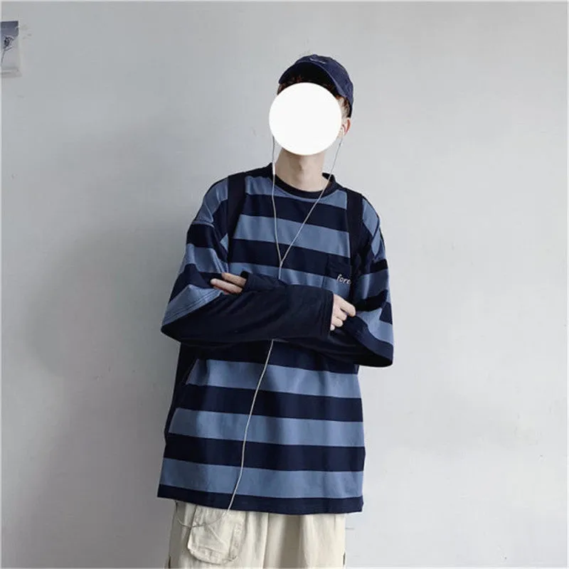 Wenkouban tomboy outfit Striped Long Sleeve Women's Ins Trendy Spring and Autumn Thin Loose Korean Style Bottoming Shirt Fake Two-Piece Lazy Style All-Match Top Clothes