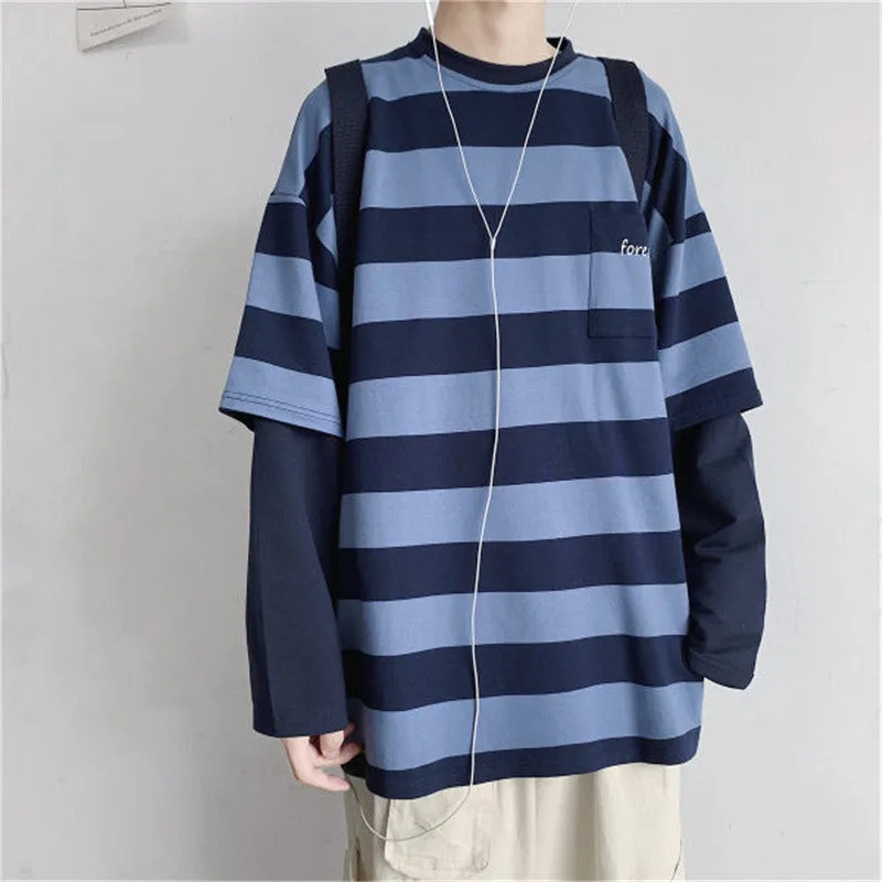 Wenkouban tomboy outfit Striped Long Sleeve Women's Ins Trendy Spring and Autumn Thin Loose Korean Style Bottoming Shirt Fake Two-Piece Lazy Style All-Match Top Clothes