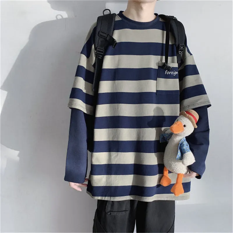 Wenkouban tomboy outfit Striped Long Sleeve Women's Ins Trendy Spring and Autumn Thin Loose Korean Style Bottoming Shirt Fake Two-Piece Lazy Style All-Match Top Clothes