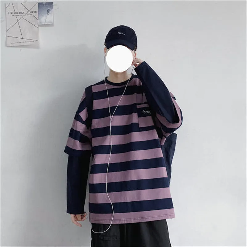 Wenkouban tomboy outfit Striped Long Sleeve Women's Ins Trendy Spring and Autumn Thin Loose Korean Style Bottoming Shirt Fake Two-Piece Lazy Style All-Match Top Clothes