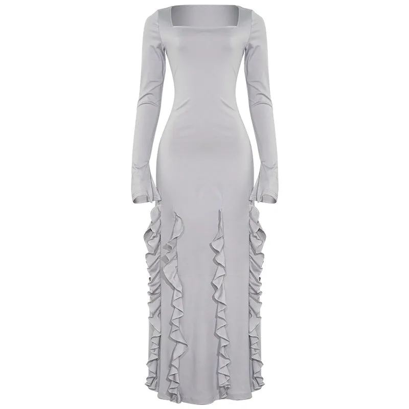Wenkouban white dress Autumn New Solid Color Square Collar Long Sleeve Wooden Ear Stitching Slim Fit Female Dress