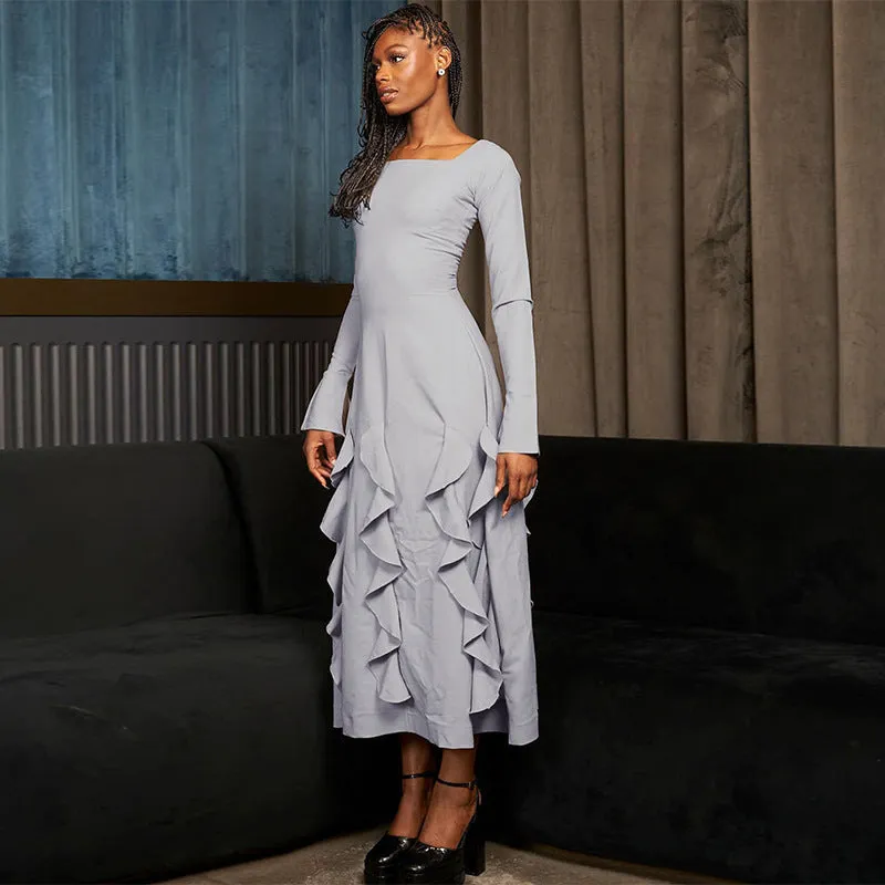 Wenkouban white dress Autumn New Solid Color Square Collar Long Sleeve Wooden Ear Stitching Slim Fit Female Dress