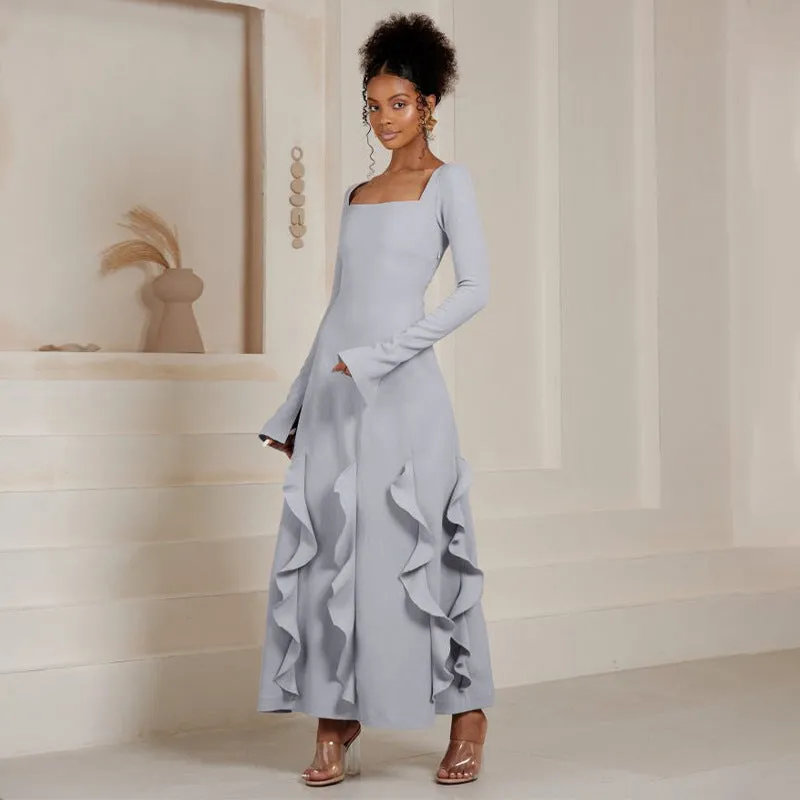 Wenkouban white dress Autumn New Solid Color Square Collar Long Sleeve Wooden Ear Stitching Slim Fit Female Dress