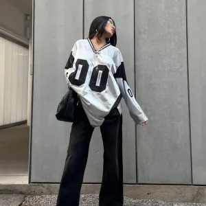 Wenkouban Women's Street Style American Street V-neck Stitching Digital Top Fashion Sports Loose Pullover Digital Collage Top